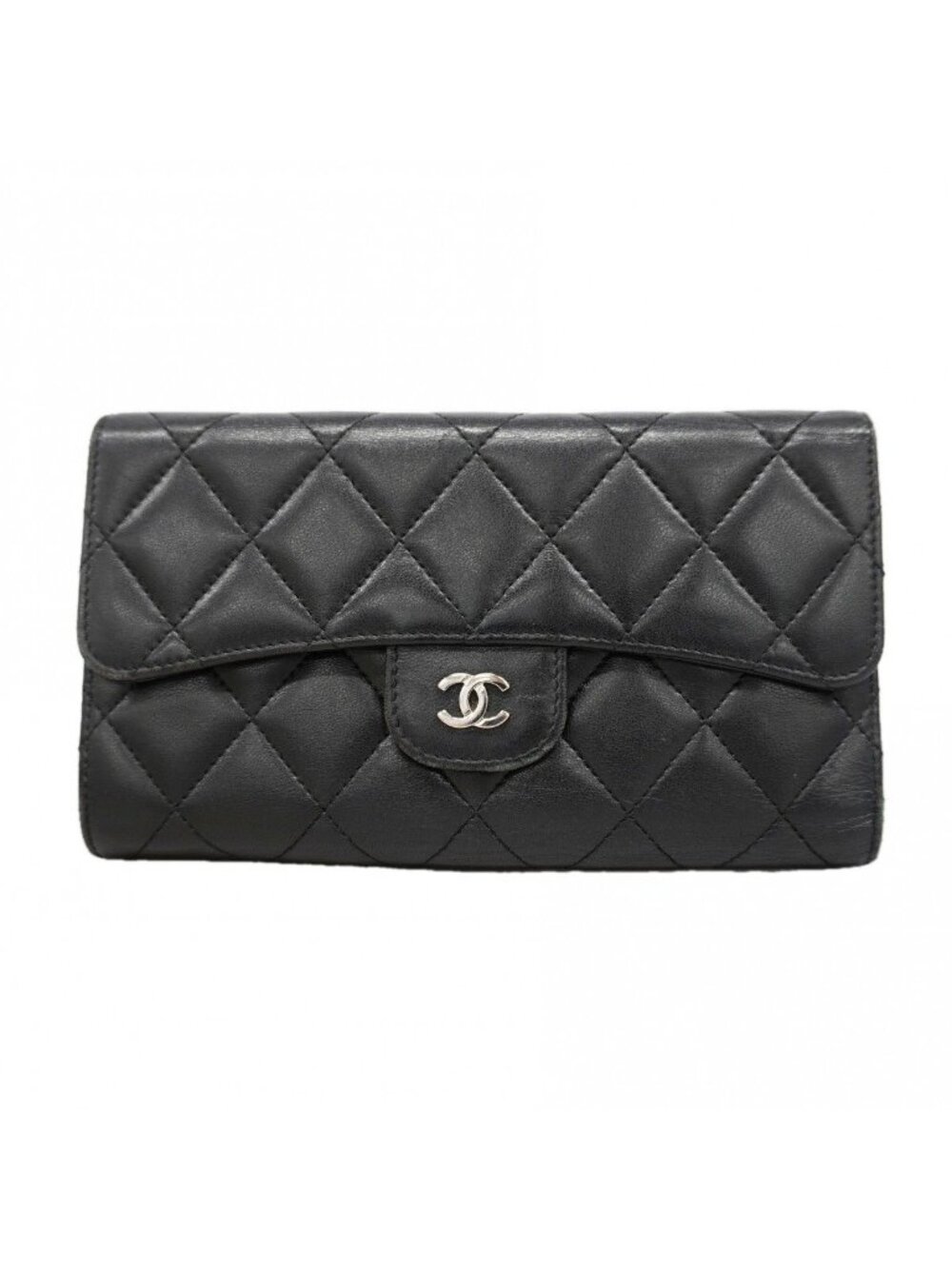 Chanel Trifold Wallet Quilted Lambskin Black Silver
